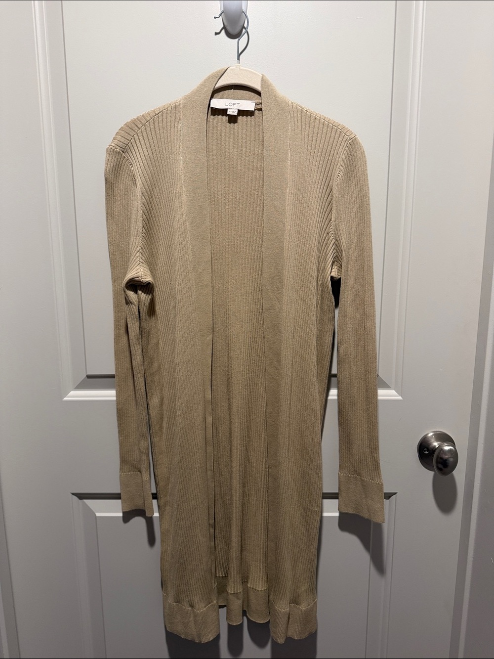 LOFT Ribbed Open-Front Long Cardigan in Tan